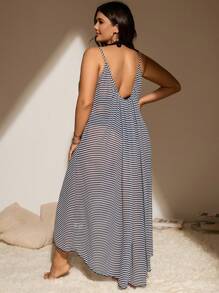 Swim Vcay Plus Size Striped Print Cover Up Dress Summer, Beach Outfits - Blue - View 2