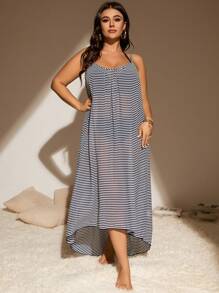 Swim Vcay Plus Size Striped Print Cover Up Dress Summer, Beach Outfits - Blue - View 3