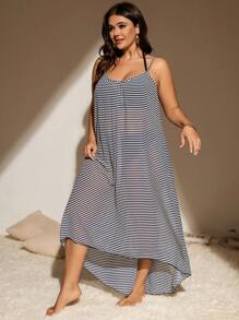 Swim Vcay Plus Size Striped Print Cover Up Dress Summer, Beach Outfits - Blue - View 4
