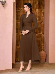 Modelyn Solid Surplice Neck Ruched Dress - Brown - View 5