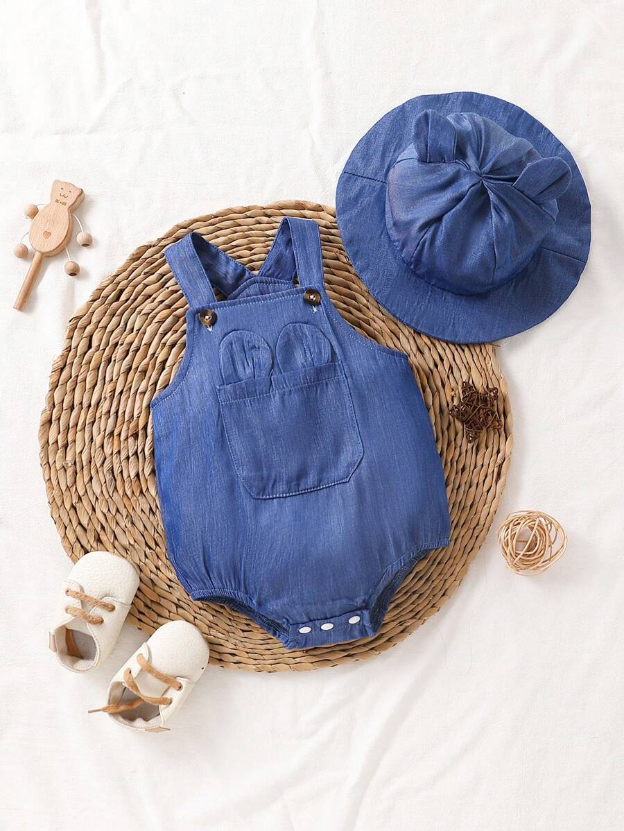 男嬰素色前口袋背帶連體衣和帽 - 藏蓝色 - 查看 1