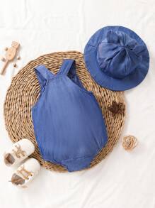 男嬰素色前口袋背帶連體衣和帽 - 藏蓝色 - 查看 2