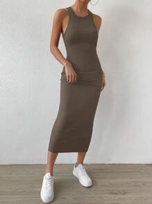 SHEIN Essnce Solid Tank Dress - Brown - View 1