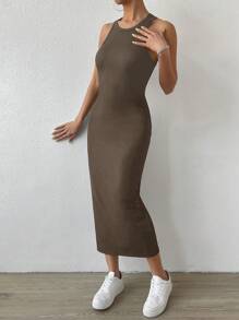 SHEIN Essnce Solid Tank Dress - Brown - View 3