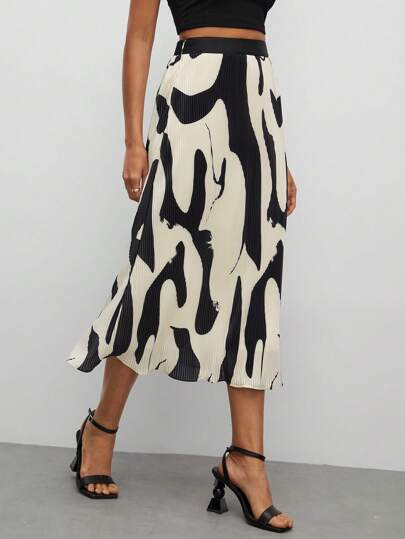 BizChic Graphic Print High Waist Plisse Skirt Workwear