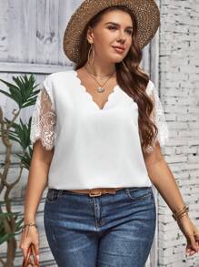 SHEIN Clasi Blusa con encaje en contraste ribete en abanico