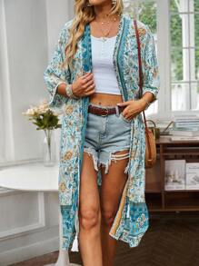 Floral Print Drop Shoulder Kimono - Green - View 3