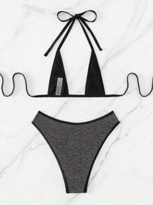 三角比基尼泳裝，露背領口，適合夏季沙灘 - 彩色 - 查看 3