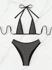 三角比基尼泳裝，露背領口，適合夏季沙灘 - 彩色 - 查看 5