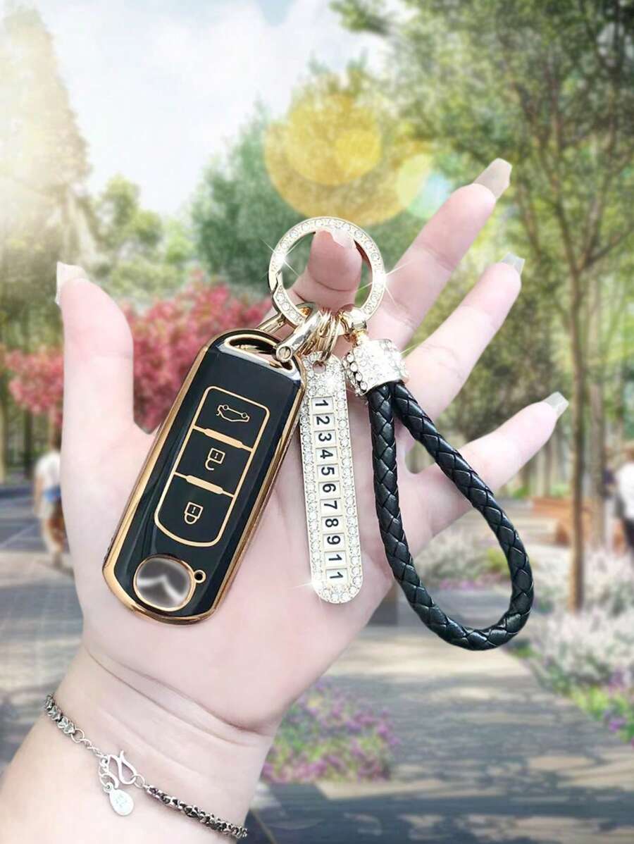 1件套鑰匙圈和數字盤子和車鑰匙殼與馬自達兼容 - 黑色 - 查看 1