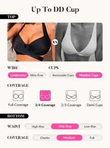 Swim DD+ Wrap Halter Push Up Summer Beach Bikini Set - Black - View 4