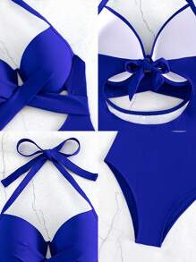 SHEIN DD+ Cut Out Halter One Piece Swimsuit - Royal Blue - View 5
