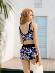 SHEIN Swim Summer Beach Tropical Print Tankini Set Wrap Tank Top & V-Waist Shorts 2 Piece Bathing Suit