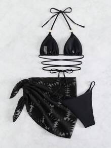 Swim Mod Summer Beach Criss Cross Halter Triangle Bikini Set With Beach Skirt - Black - View 4