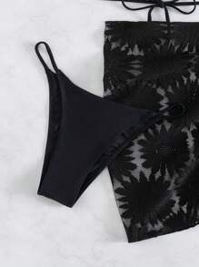 Swim Mod Summer Beach Criss Cross Halter Triangle Bikini Set With Beach Skirt - Black - View 5