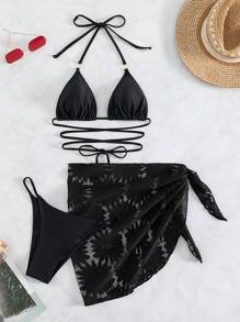Swim Mod Summer Beach Criss Cross Halter Triangle Bikini Set With Beach Skirt - Black - View 6