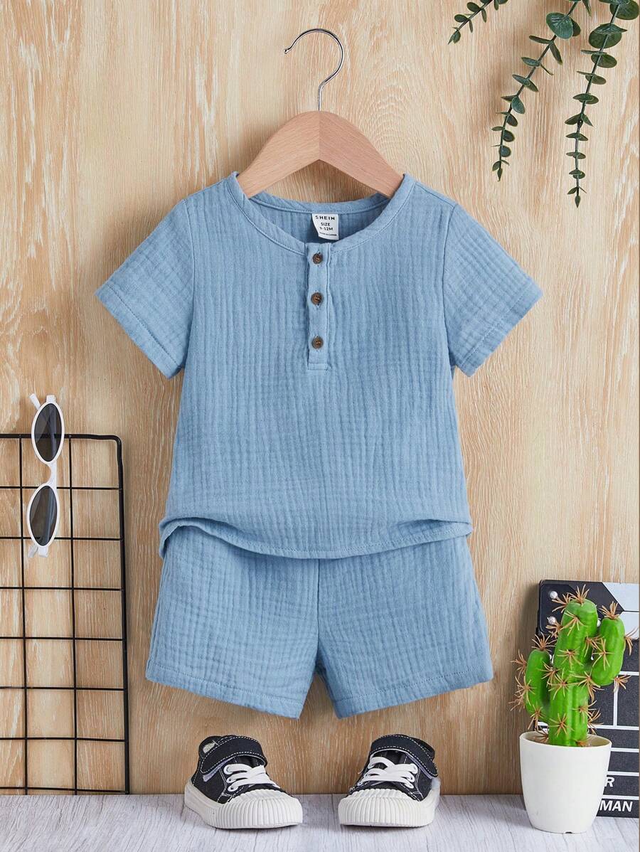 SHEIN Đứa bé trai Nút Nửa Áo & quần short - Màu xanh bụi bặm - Xem 1