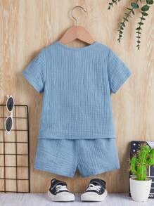 SHEIN Đứa bé trai Nút Nửa Áo & quần short - Màu xanh bụi bặm - Xem 2