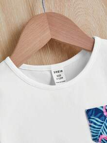 SHEIN Đứa bé trai Nhiệt đới & In Chim hồng hạc Đã vá Túi Áo thun & quần đùi - Nhiều màu - Xem 3