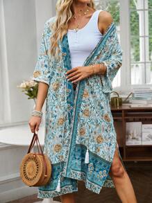 Floral Print Drop Shoulder Kimono - Green - View 5