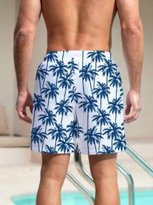 Manfinity Swimmode Hombres Shorts de natación con estampado de árbol de coco de cintura con cordón - Azul y blanco - Ver 2