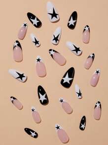 Instantly Upgrade Your Look with 24pcs Long Almond Black And White French Star Pattern Fake Nail & 1pc Nail File & 1sheet Nail Tape - Multicolor - View 3