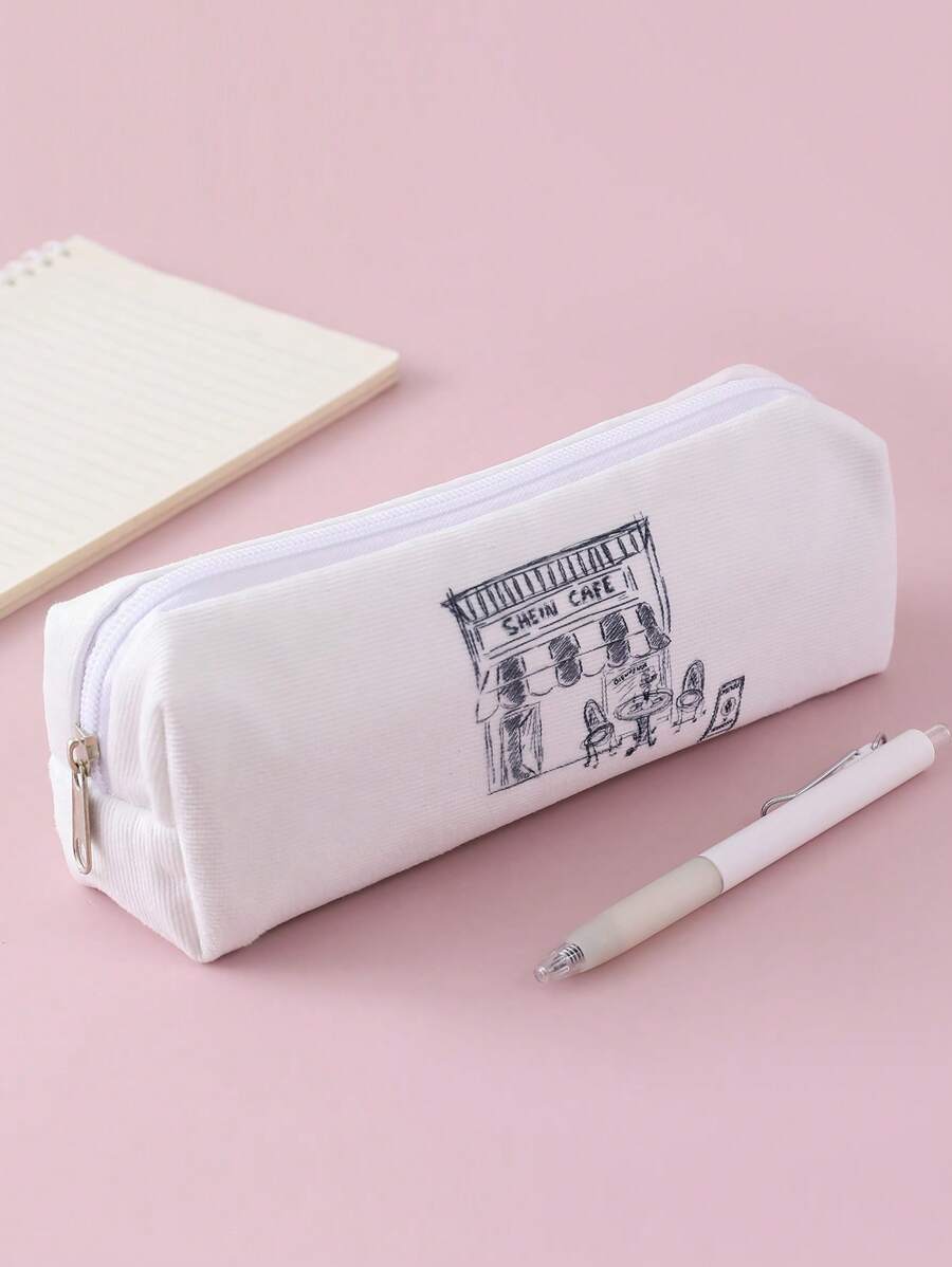 SHEIN X Besties Bakery 1入組房屋圖案文具創意便攜筆包適用於學生文具收納 - 白色 - 查看 1