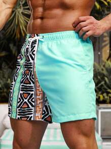 Manfinity Swimmode Pantalones cortos con estampado geométrico, cordón en la cintura, gráficos, para piscina, playa y vacaciones para hombre - Multicolor - Ver 4