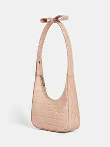 SHEIN MOD 鱷魚壓紋流浪包蝴蝶結裝飾單肩包 - 粉色 - 查看 2