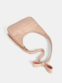 SHEIN MOD 鱷魚壓紋流浪包蝴蝶結裝飾單肩包 - 粉色 - 查看 4