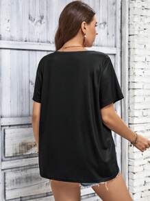 SHEIN LUNE Áo thun Plus size Lá cờ Giải trí - màu đen - Xem 3