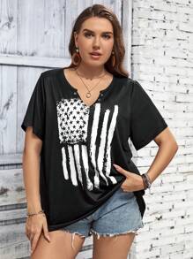 SHEIN LUNE Áo thun Plus size Lá cờ Giải trí - màu đen - Xem 4