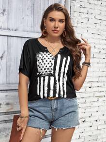 SHEIN LUNE Áo thun Plus size Lá cờ Giải trí - màu đen - Xem 5
