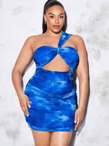 SHEIN BAE Plus Tie Dye One Shoulder Cut Out Ruched Mesh Bodycon Dress - Blue - View 1