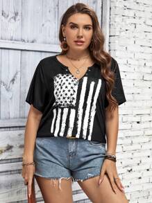 SHEIN LUNE Áo thun Plus size Lá cờ Giải trí - màu đen - Xem 6