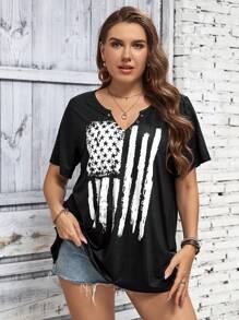 SHEIN LUNE Áo thun Plus size Lá cờ Giải trí - màu đen - Xem 1