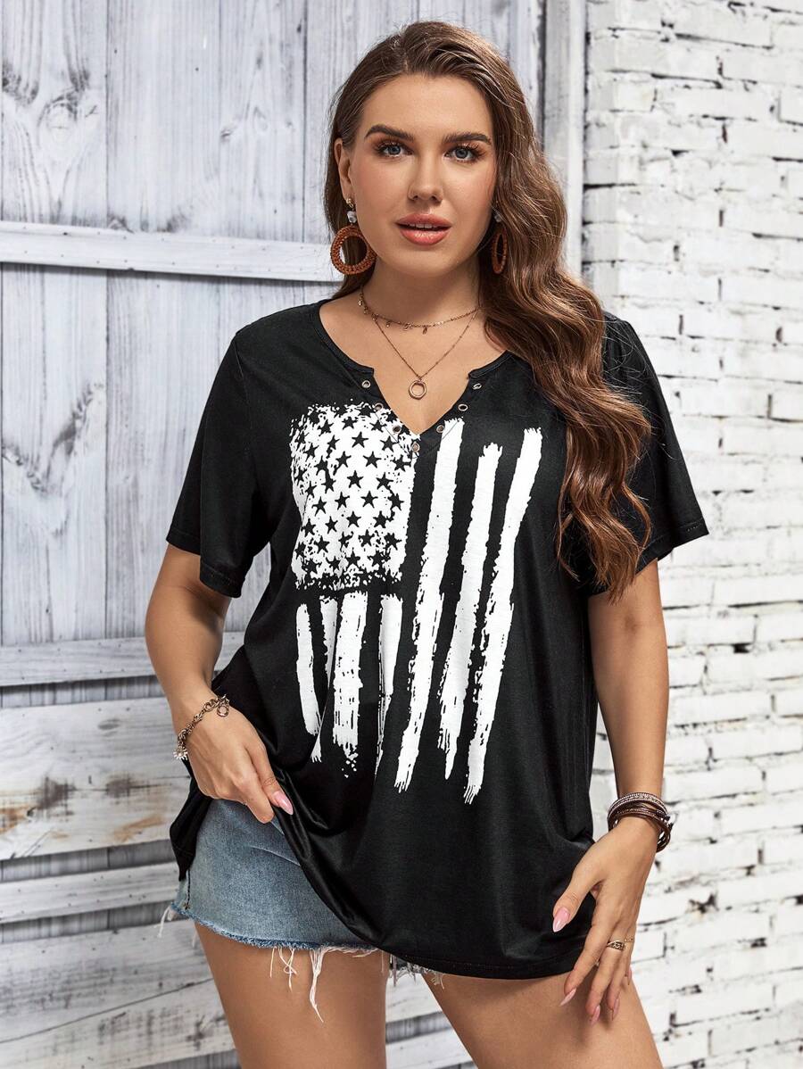 SHEIN LUNE Áo thun Plus size Lá cờ Giải trí - màu đen - Xem 1