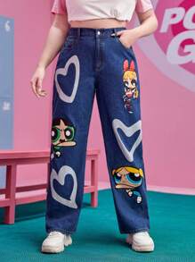 The Powerpuff Girls | ROMWE 大碼心形和卡通圖案直筒牛仔褲 - 深色水洗藍 - 查看 1