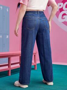 The Powerpuff Girls | ROMWE 大碼心形和卡通圖案直筒牛仔褲 - 深色水洗藍 - 查看 2