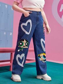The Powerpuff Girls | ROMWE 大碼心形和卡通圖案直筒牛仔褲 - 深色水洗藍 - 查看 5