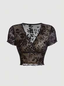 SHEIN MOD Camiseta crop con estampado floral de malla - Negro - Ver 1