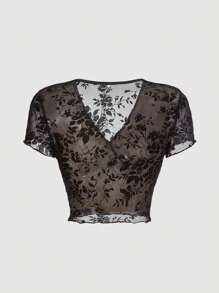 SHEIN MOD Camiseta crop con estampado floral de malla - Negro - Ver 2