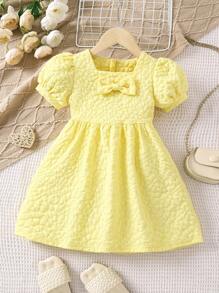 Petite fille Robe en jacquard à nœud papillon manches bouffantes à col carré