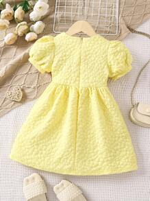 Petite fille Robe en jacquard à nœud papillon manches bouffantes à col carré