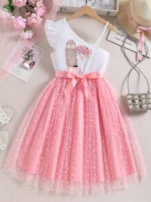 SHEIN Tween Girl Figure Graphic Asymmetrical Neck Ruffle Trim Mesh Hem Belted Dress,Holiday,Summer,Travel Summer Holiday - Multicolor - View 1