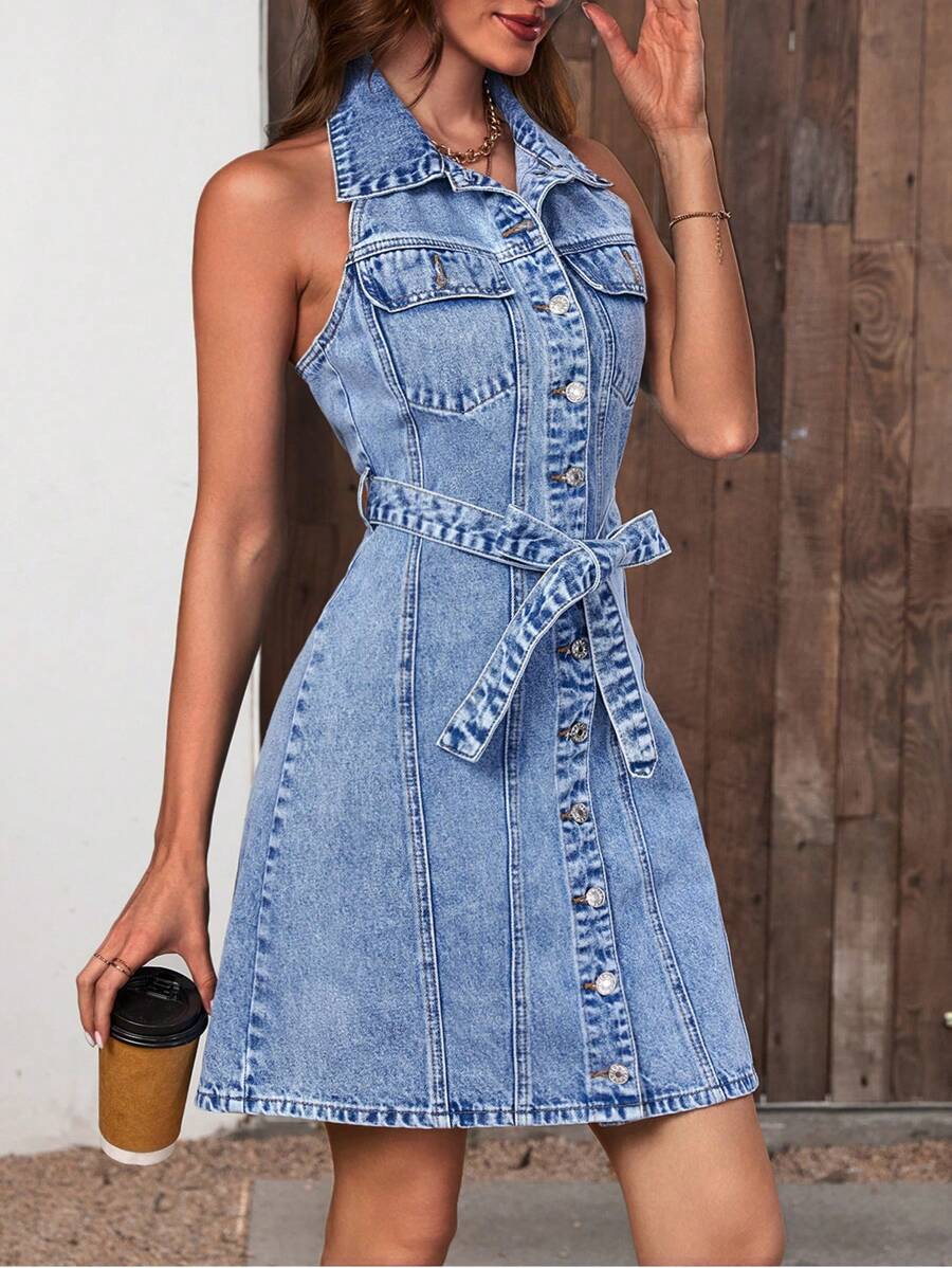 SHEIN Frenchy Váy denim nữ Túi Nút phía trước Thắt lưng màu trơn Giải trí - Rửa trung bình - Xem 1