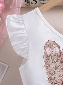 SHEIN Tween Girl Figure Graphic Asymmetrical Neck Ruffle Trim Mesh Hem Belted Dress,Holiday,Summer,Travel Summer Holiday - Multicolor - View 6