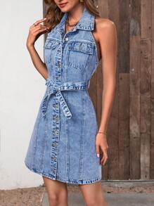 SHEIN Frenchy Váy denim nữ Túi Nút phía trước Thắt lưng màu trơn Giải trí - Rửa trung bình - Xem 5