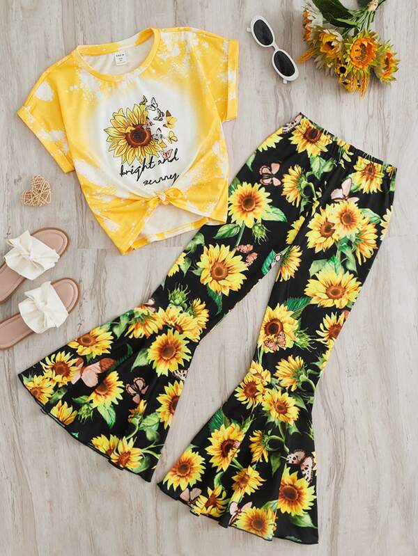 SHEIN Tween Girl Tricou cu floarea soarelui și cu litere și pantaloni evazați