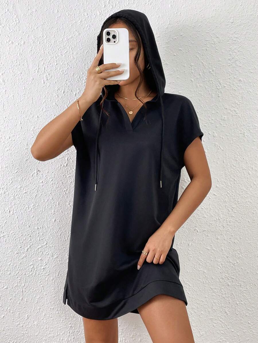 SHEIN Frenchy 素色蝙蝠袖抽繩連帽連衣裙 - 黑色 - 查看 1